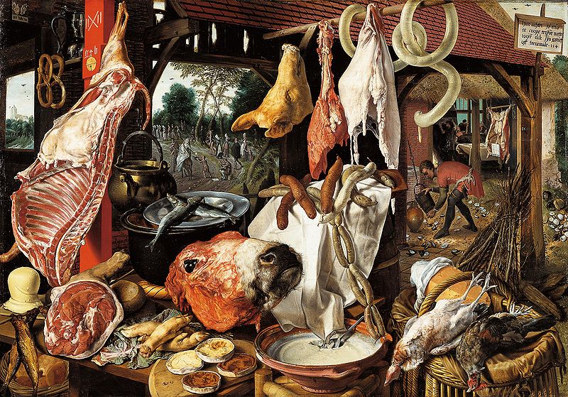 Pieter Aertsen, Speisekammer mit Maria Almosen verteilend